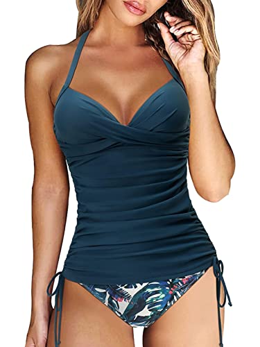 Yutdeng Tankini Damen Push Up Badeanzug Bauchweg Tankini Oberteil mit Bügel Rüschen Kordelzug Side Verstellbarer Schultergurt Bademode Zweiteiliger Tankini Bikini Set mit Slip,Blau Blume,XL von Yutdeng