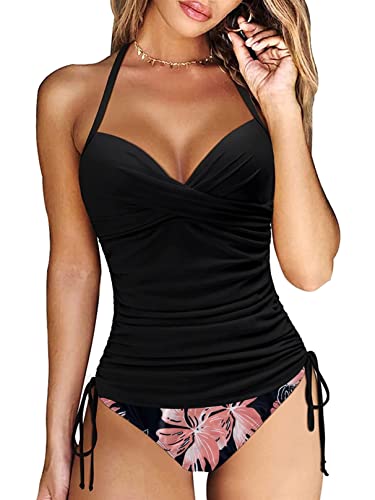 Yutdeng Tankini Damen Push Up Badeanzug Bauchweg Tankini Oberteil mit Bügel Rüschen Kordelzug Side Verstellbarer Schultergurt Bademode Zweiteiliger Tankini Bikini Set mit Slip,Rosa,L von Yutdeng
