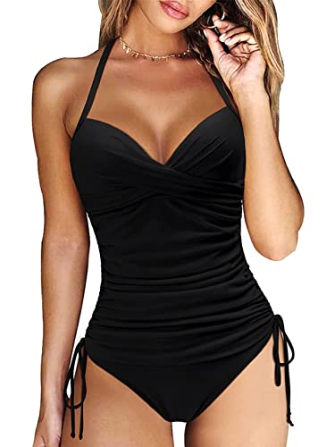 Yutdeng Tankini Damen Push Up Badeanzug Bauchweg Tankini Oberteil mit Bügel Rüschen Kordelzug Side Verstellbarer Schultergurt Bademode Zweiteiliger Tankini Bikini Set mit Slip,Schwarz,L von Yutdeng