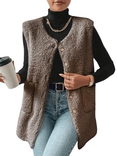 Yutdeng Teddy Weste Damen Lang Fleecejacke Ärmellose Fleeceweste mit Taschen Plüschweste mit Knopf Winterweste Mantel Elegant Teddywesten Fleece Weste für Damen Winter Herbst Kuschelweste,Braun,XXL von Yutdeng