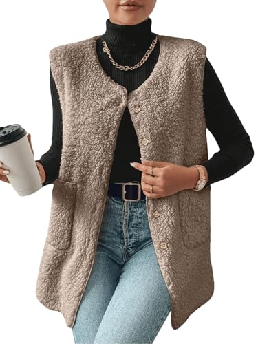 Yutdeng Teddy Weste Damen Lang Fleecejacke Ärmellose Fleeceweste mit Taschen Plüschweste mit Knopf Winterweste Mantel Elegant Teddywesten Fleece Weste für Damen Winter Herbst Kuschelweste,Khaki,XXL von Yutdeng