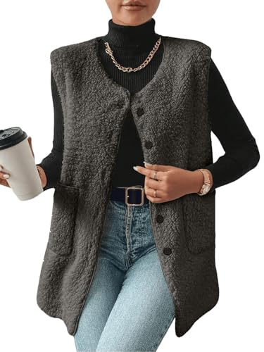 Yutdeng Teddy Weste Damen Lang Fleecejacke Ärmellose Fleeceweste mit Taschen Plüschweste mit Knopf Winterweste Mantel Elegant Teddywesten Fleece Weste für Damen Winter Herbst Kuschelweste,Schwarz,XXL von Yutdeng