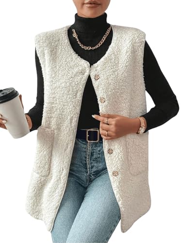 Yutdeng Teddy Weste Damen Lang Fleecejacke Ärmellose Fleeceweste mit Taschen Plüschweste mit Knopf Winterweste Mantel Elegant Teddywesten Fleece Weste für Damen Winter Herbst Kuschelweste,Beige,XXL von Yutdeng