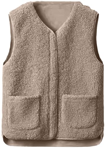 Yutdeng Teddy Weste Damen Teddyfleece Fleecejacke Ärmellose Fleeceweste mit Taschen Reißverschlüsse Plüschweste Mantel Winterweste Teddywesten Damen Flauschige Fleece Weste Winter Herbst,Khaki,XXL von Yutdeng