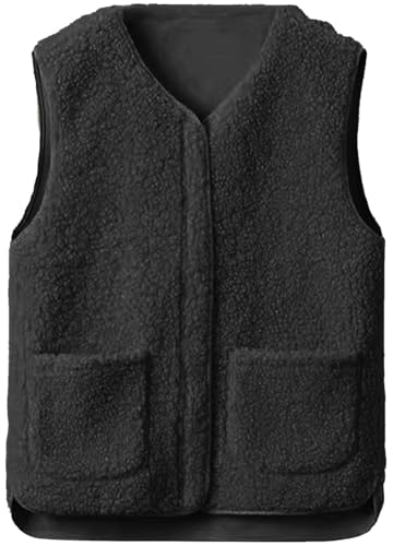 Yutdeng Teddy Weste Damen Teddyfleece Fleecejacke Ärmellose Fleeceweste mit Taschen Reißverschlüsse Plüschweste Mantel Winterweste Teddywesten Damen Flauschige Fleece Weste Winter Herbst,Schwarz,XL von Yutdeng