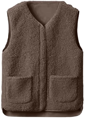 Yutdeng Teddy Weste Damen Teddyfleece Fleecejacke Ärmellose Fleeceweste mit Taschen Reißverschlüsse Plüschweste Mantel Winterweste Teddywesten Damen Flauschige Fleece Weste Winter Herbst,Braun,S von Yutdeng