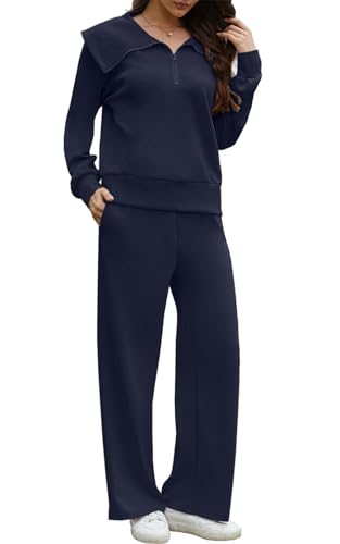 Yutdeng Trainingsanzug Damen Set Jogginganzug Zweiteiler Outfit 2 Teiler Weite Hose Sweatshirt Half Zip Pullover Sportanzug Freizeitanzug Tracksuit Jogging Anzug Damen Set Hausanzug,Marine,XL von Yutdeng
