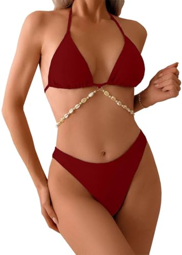 Yutdeng Triangel Bikini Damen Set Neckholder Bikini Brazilian Style Gepolstert Micro Bikini ohne Bügel Oberteil mit Muschelkette Multiway Swimwear Bademode Damen Badeanzug Zweiteilig,Weinrot,XL von Yutdeng