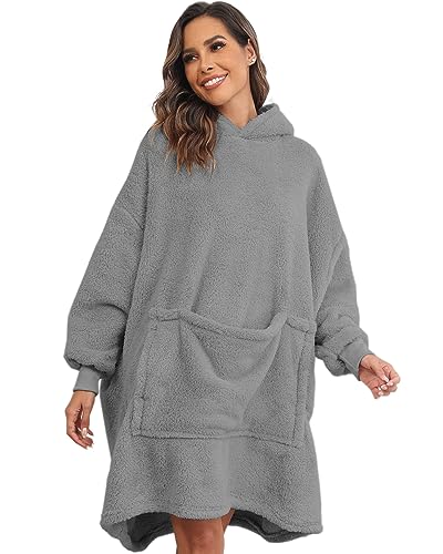 Yutdeng Übergroße Hoodie Damen Kapuzenpullover Kuschel Hoodie Decke mit Kapuze Herren Teddy Pullover Decke mit Ärmeln Winter Warm Decken Hoodie Blanket Kuscheljacke Flauschig Teddyfleece,Dunkelgrau von Yutdeng