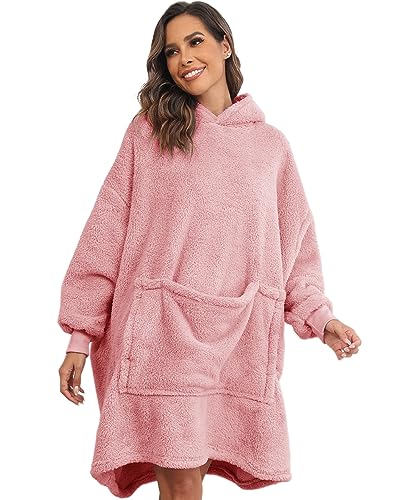 Yutdeng Übergroße Hoodie Damen Kapuzenpullover Kuschel Hoodie Decke mit Kapuze Herren Teddy Pullover Decke mit Ärmeln Winter Warm Decken Hoodie Blanket Kuscheljacke Flauschig Teddyfleece,Rosa von Yutdeng