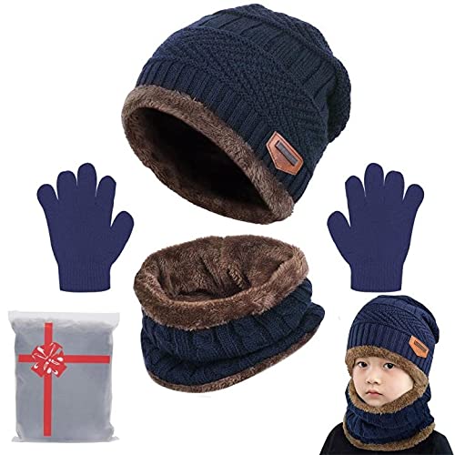 Yutdeng Unisex Baby Winter Warm Knit Mütze Hut Schal Handschuhe Set Touchscreen-Handschuhe Strick mit Kreis Loop Schal Fleece Gefüttert für Ski 3-in-1 Mütze Winter-Set(Navy blau,One size) von Yutdeng