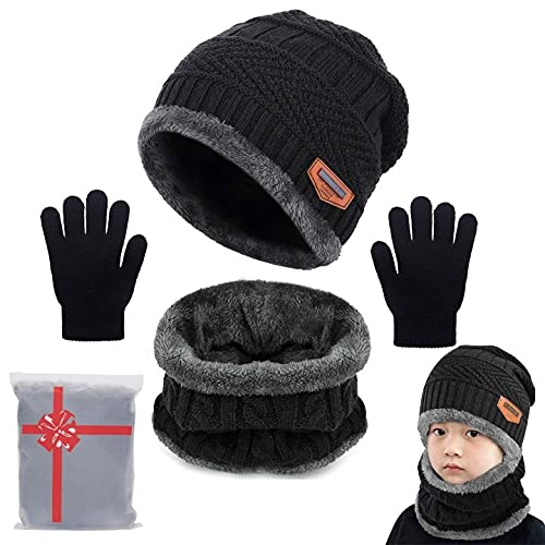 Yutdeng Unisex Baby Winter Warm Knit Mütze Hut Schal Handschuhe Set Touchscreen-Handschuhe Strick mit Kreis Loop Schal Fleece Gefüttert für Ski 3-in-1 Mütze Winter-Set(Schwarz,One size) von Yutdeng