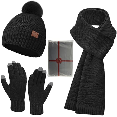 Yutdeng Winter Warm Mütze, Schal & Handschuh-Sets für Damen Dick Fleece Gefütterte Beanie Mütze Touchscreen Handschuhe und Lang Schal 3 in 1 Set Frauen Thermo Wintermütze Strickmütze mit Bommel Weiche von Yutdeng