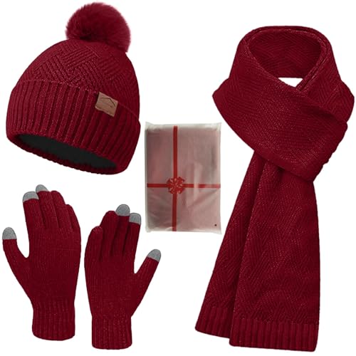 Yutdeng Winter Warm Mütze, Schal & Handschuh-Sets für Damen Dick Fleece Gefütterte Beanie Mütze Touchscreen Handschuhe und Lang Schal 3 in 1 Set Frauen Thermo Wintermütze Strickmütze mit Bommel Weiche von Yutdeng