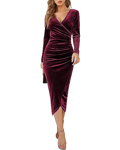 Yutdeng Winterkleid Damen Elegant Samtkleid Lang Abendkleid V-Ausschnitt Partykleid Bodycon Cocktailkleid Lange Ärmel Wickelkleid Festlich Kleid Samt Maxikleid Silvester Kleid Herbst,Weinrot,M von Yutdeng