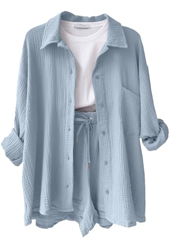 Yutdeng Zweiteiler Damen Sommer Musselin Bluse Hemd Shorts 2 Teiler Lounge Set Strand Outfit Freizeitanzug Elegant Loungewear Kleidung Two Piece Clothes Freizeit Anzug Aesthetic Urlaub Women Taschen von Yutdeng