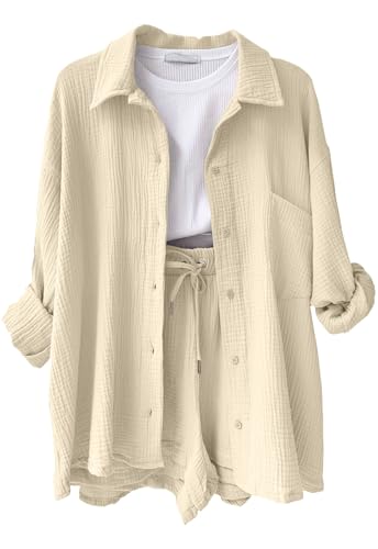 Yutdeng Zweiteiler Damen Sommer Musselin Bluse Hemd Shorts 2 Teiler Lounge Set Strand Outfit Freizeitanzug Elegant Loungewear Kleidung Two Piece Clothes Freizeit Anzug Aesthetic Urlaub Women Taschen von Yutdeng