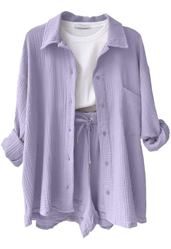 Yutdeng Zweiteiler Damen Sommer Musselin Bluse Hemd Shorts 2 Teiler Lounge Set Strand Outfit Freizeitanzug Elegant Loungewear Kleidung Two Piece Clothes Freizeit Anzug Aesthetic Urlaub Women Taschen von Yutdeng