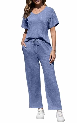Yutdeng Zweiteiler Damen Sommer Set Outfit Hausanzug Weite Hose und Top Kurzarm Anzug Elegant Hosenanzug Bequem Loungewear Set Airport Travel Outfit Freizeitanzug Damen Sommer 2 Teiler,Blau,L von Yutdeng