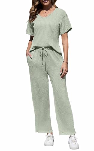 Yutdeng Zweiteiler Damen Sommer Set Outfit Hausanzug Weite Hose und Top Kurzarm Anzug Elegant Hosenanzug Bequem Loungewear Set Airport Travel Outfit Freizeitanzug Damen Sommer 2 Teiler,Grün,XL von Yutdeng
