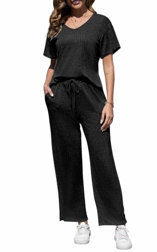 Yutdeng Zweiteiler Damen Sommer Tracksuit Gerippte Loungewear Damen Set V-Ausschnitt Hausanzug Lose Lounge Top Kurzarm Hose Lang Sportanzug Pyjama Freizeitanzug 2 Teiliges Outfit Freizeit Jogger Sport von Yutdeng