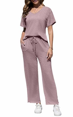 Yutdeng Zweiteiler Damen Sommer Tracksuit Gerippte Loungewear Damen Set V-Ausschnitt Hausanzug Lose Lounge Top Kurzarm Hose Lang Sportanzug Pyjama Freizeitanzug 2 Teiliges Outfit Freizeit Jogger Sport von Yutdeng