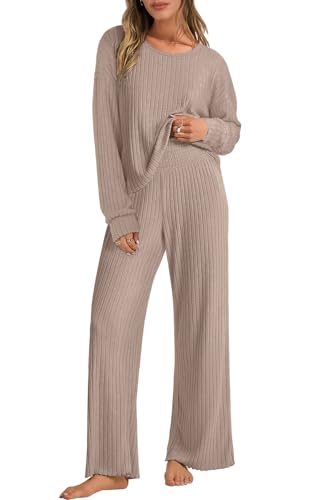 Yutdeng Zweiteiler Jogginganzug Damen Loungewear Warm Hausanzug Winter 2 Teilig Lounge Set Pullover Rundhals Langarm Hose Strick Freizeitanzug Weich Strickanzug Casual Homewear Schlafanzug Nachtwäsche von Yutdeng