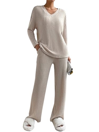 Yutdeng Zweiteiler Lounge Set Damen Strick Loungewear Damen Set Gerippt Hausanzug Winter Jogginganzug Freizeitanzug Sleepwear Weich Strickanzug 2 Teilig Strickpullover Top Langärm Hose Freizeit Outfit von Yutdeng