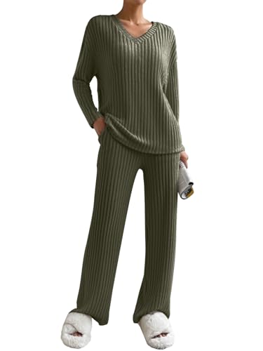 Yutdeng Zweiteiler Lounge Set Damen Strick Loungewear Damen Set Gerippt Hausanzug Winter Jogginganzug Freizeitanzug Sleepwear Weich Strickanzug 2 Teilig Strickpullover Top Langärm Hose Freizeit Outfit von Yutdeng