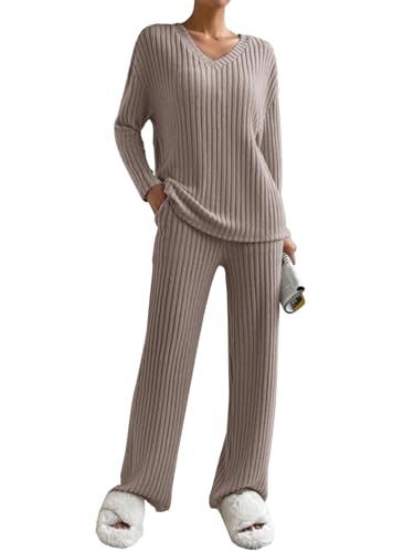 Yutdeng Zweiteiler Lounge Set Damen Strick Loungewear Damen Set Gerippt Hausanzug Winter Jogginganzug Freizeitanzug Sleepwear Weich Strickanzug 2 Teilig Strickpullover Top Langärm Hose Freizeit Outfit von Yutdeng