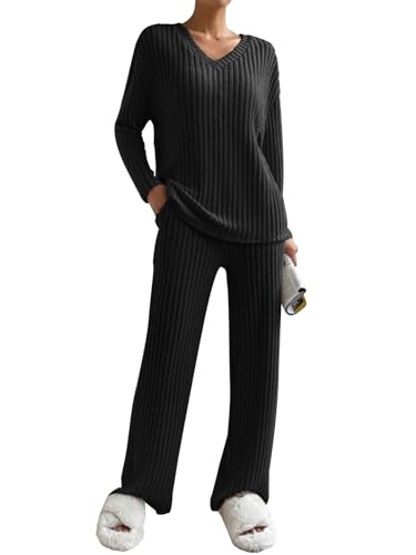 Yutdeng Zweiteiler Lounge Set Damen Strick Loungewear Damen Set Gerippt Hausanzug Winter Jogginganzug Freizeitanzug Sleepwear Weich Strickanzug 2 Teilig Strickpullover Top Langärm Hose Freizeit Outfit von Yutdeng