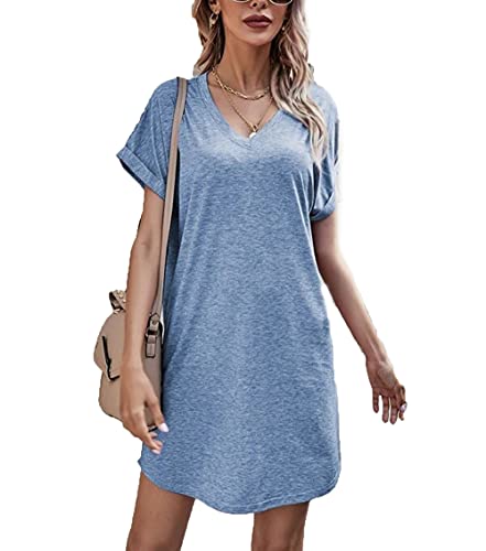 YUTILA Damen Sommer Freizeitkleid Baumwolle Kurzarm Nachthemd Nachtkleid Sleepshirt Loost fit Strandkleid,Blau,XL von YUTILA