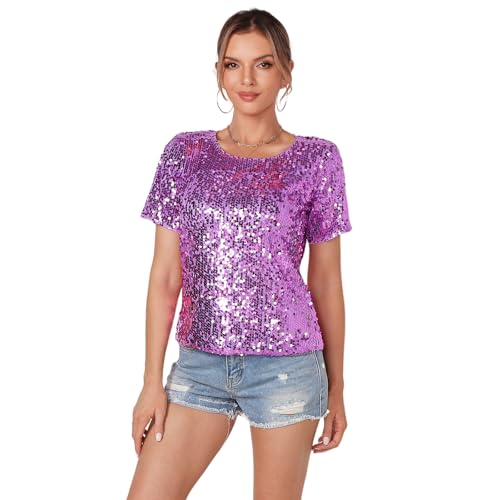 Damen-Top mit Pailletten, glitzernd, Rundhalsausschnitt, kurzärmelig, Sommer, Disco, Party, Tunika, Bluse, Helles Violett, X-Groß von Yutuwomsfushi