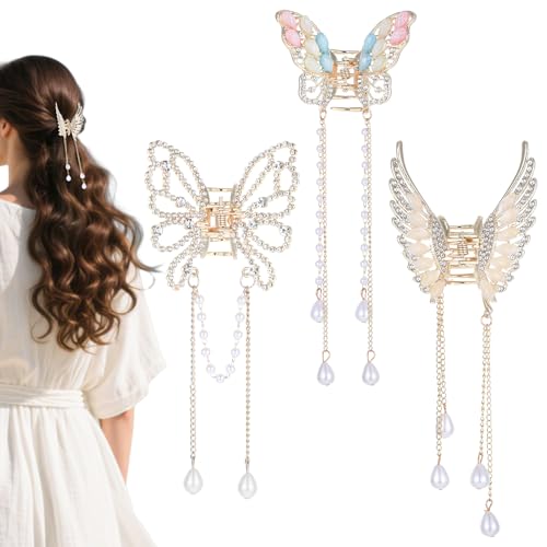 3 Stück Metall Schmetterling Haarklammer Gold mit Quaste, Elegante Haarklammern Haarschmuck Schmetterling Haarspange für Frauen und Mädchen, Haarspangen Ideal für tägliches Tragen und als Geschenk von Yuuchoringee
