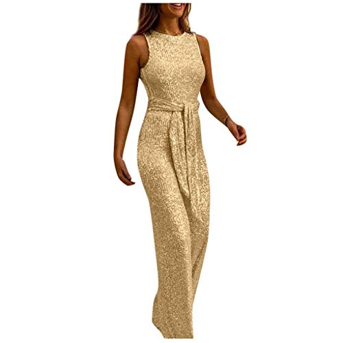 Yuwegr Damen Jumpsuit Ärmellose Rundhals Einfarbig Pailletten Mode Breites Bein Frauen Overall mit Gürtel Sommer Party Playsuit Lang Romper (EU-38/CN-M, Gold) von Yuwegr