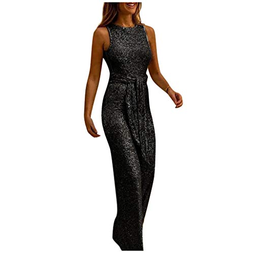 Yuwegr Damen Jumpsuit Ärmellose Rundhals Einfarbig Pailletten Mode Breites Bein Frauen Overall mit Gürtel Sommer Party Playsuit Lang Romper (EU-38/CN-M, Schwarz) von Yuwegr