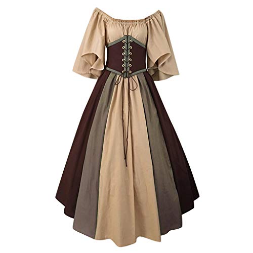 Yuwegr Damen Kleider Mittelalter Renaissance Vintage Gothic Kleid Frauen Schulterfrei Patchwork Maxikleid Party Lange Kleid Plus Size (4XL, Khaki) von Yuwegr