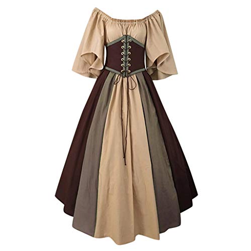Yuwegr Damen Kleider Mittelalter Renaissance Vintage Gothic Kleid Frauen Schulterfrei Patchwork Maxikleid Party Lange Kleid Plus Size (5XL, Khaki) von Yuwegr