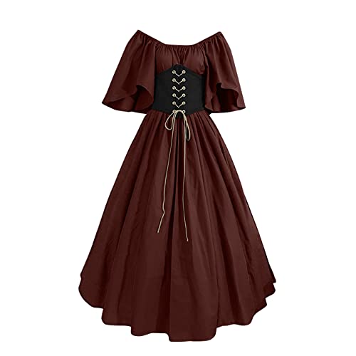 Yuwegr Damen Kleider Mittelalter Renaissance Vintage Gothic Kleid Frauen Schulterfrei Patchwork Maxikleid Party Lange Kleid Plus Size von Yuwegr