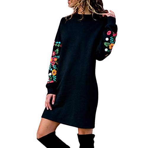 Yuwegr Damen Kleider Sweatshirt Langarm Mode Blumen Bestickte Frauen Kleid Pullover Casual Herbst Winter Dress (EU-42/CN-XL, Schwarz) von Yuwegr