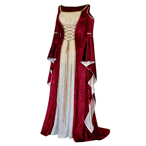 Yuwegr Damen Mittelalter Kleid Renaissance Gothic Court Retro Frauen Kleider Party Cosplay Kostüm Schulterfrei Prinzessin Kleider Langarm Bodenlangen Ballkleider Halloween Kleidung (2XL, Rot) von Yuwegr