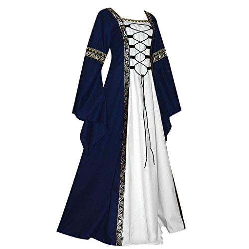 Yuwegr Damen Mittelalter Kleid Renaissance Gothic Retro Celtic Frauen Kleider Party Cosplay Kostüm Prinzessin Kleider Langarm Bodenlangen Ballkleider Halloween Kleidung S-5XL (4XL, Marine) von Yuwegr