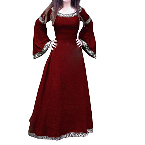 Yuwegr Damen Mittelalter Kleid Renaissance Gothic Retro Frauen Kleider Party Cosplay Kostüm Prinzessin Kleider Langarm Bodenlangen Ballkleider Halloween Kleidung S-5XL (S, Rot) von Yuwegr