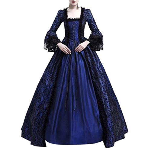 Yuwegr Damen Mittelalter Kleid Renaissance Gothic Retro Frauen Kleider Party Cosplay Kostüm Prinzessin Kleider Langarm Spitze Bodenlangen Ballkleider Halloween Kleidung S-5XL (2XL, Marine) von Yuwegr