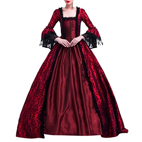 Yuwegr Damen Mittelalter Kleid Renaissance Gothic Retro Frauen Kleider Party Cosplay Kostüm Prinzessin Kleider Langarm Spitze Bodenlangen Ballkleider Halloween Kleidung S-5XL (XL, Weinrot) von Yuwegr