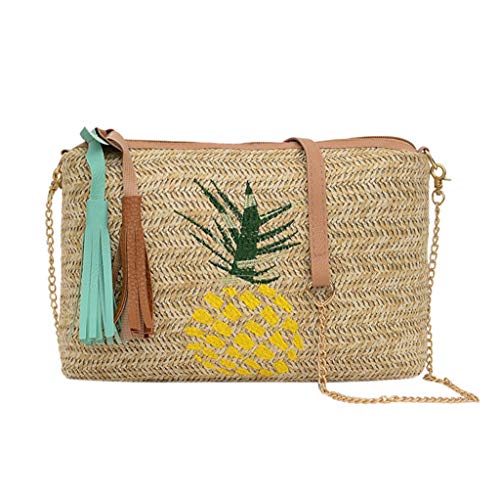 Yuwegr Damen Taschen Ananas Blätter Gesponnene Schultertasche Umhängetaschen Freizeit Messenger Bag Quasten Handbag Kuriertasche(Gelb) von Yuwegr