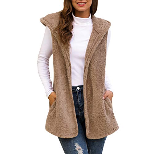 Yuwegr Damen Westen Kapuzenjacke Casual Cardigan Ärmellose Strickjacke Shaggy Jacke Frauen Lange Mantel Oberbekleidung Hoodie Outwear (EU-40/CN-L, Khaki) von Yuwegr