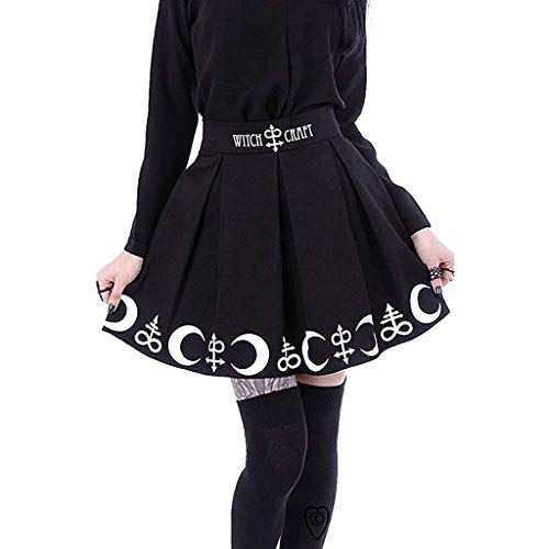 Yuwegr Frauen Röcke Gothic Punk Mond Zaubersymbole Plissee Mini Rock Hohe Taille A-Linie Kurze Faltenrock S-2XL (2XL, Schwarz) von Yuwegr