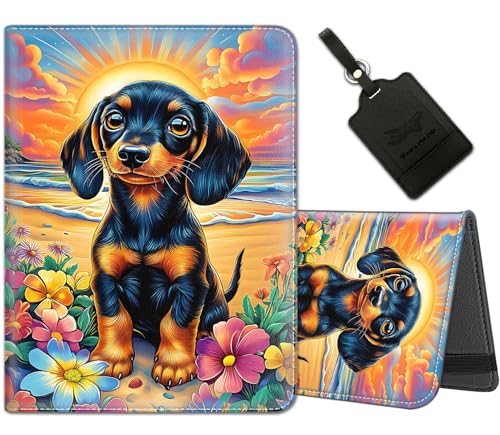 Reisepasshülle für Reisen mit Gepäckanhänger, PU-Leder, Reisepasshülle mit RFID-Blockierung, für Damen und Herren, mehrere Kartenfächer, Reisepasshülle, Dackel-Hund, Yu-Passport Holder-4-331, Modern von Yuxcfhjfe