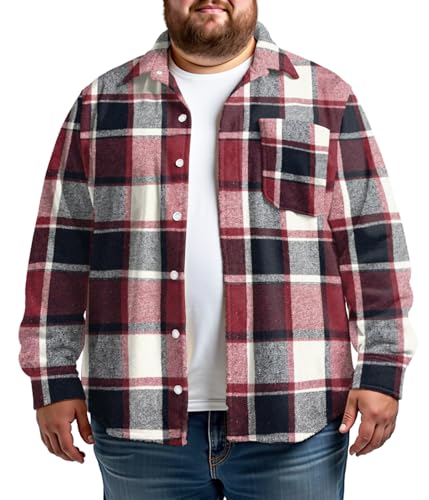 Yuyapu Big and Tall Herren-Hemd, schweres Flanellhemd, langärmelig, Knopfleiste, Größe 4XL bis 8XL, Weinrot, 7XL von Yuyapu